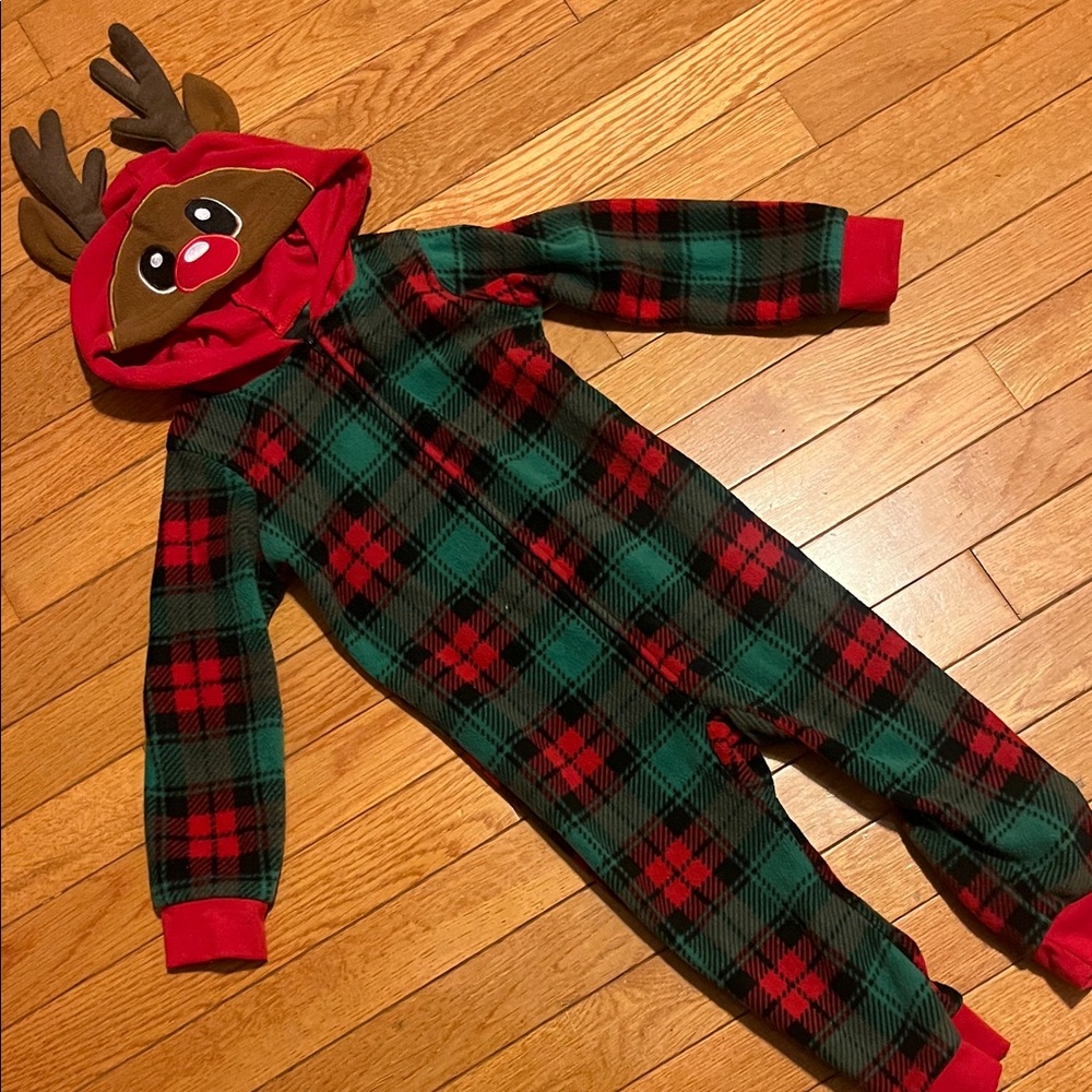 Plaid Christmas Reindeer Rudolph Hooded Zip Onesie Pajamas Toddler 2T